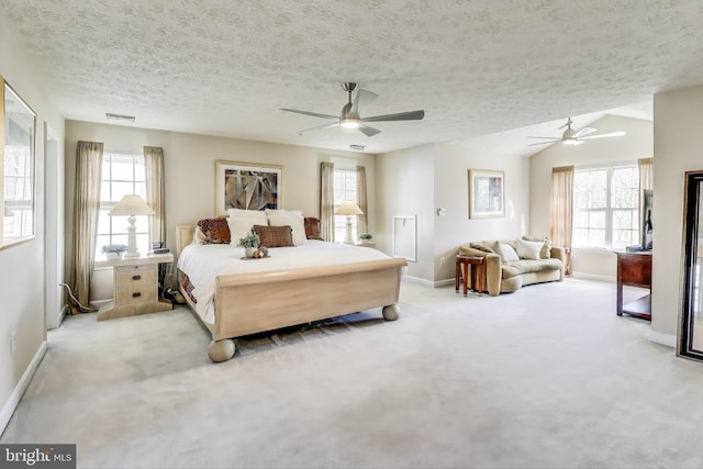 10107 Linford Ter, Lanham, MD 20706 - bedroom featuring baseboards, a textured ceiling, carpet floors, visible vents, and ceiling fan