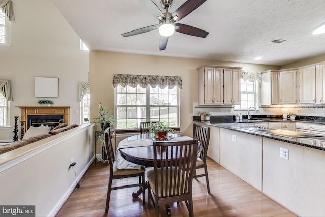 10107 Linford Ter, Lanham, MD 20706 - kitchen featuring light wood-style floors, ceiling fan, a fireplace, tasteful backsplash, and visible vents