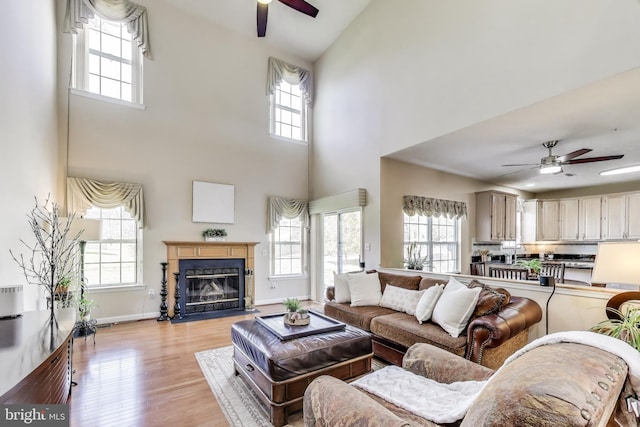 10107 Linford Ter, Lanham, MD 20706 - living room featuring light wood finished floors, a healthy amount of sunlight, ceiling fan, and a fireplace with flush hearth