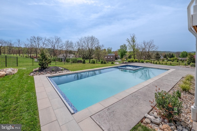 view of swimming pool featuring a fenced in pool, fence, an in ground hot tub, and a lawn