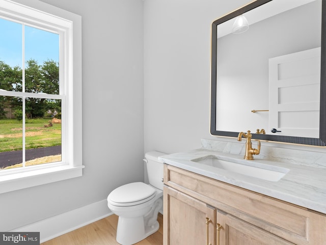half bath with toilet, plenty of natural light, vanity, and wood finished floors