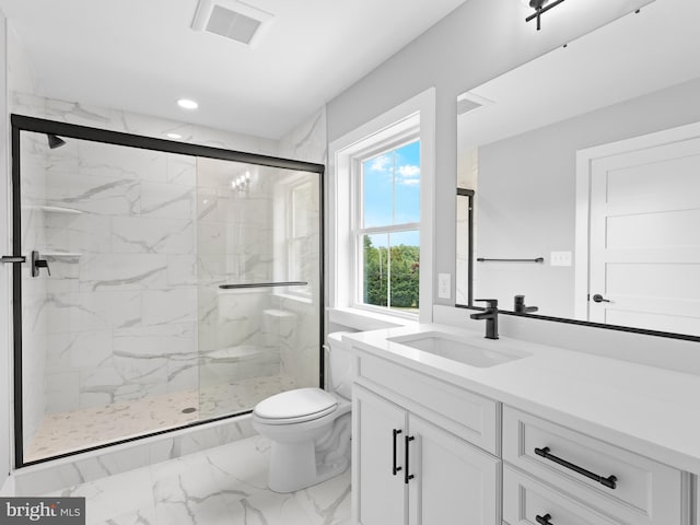 full bath with toilet, marble finish floor, visible vents, and a marble finish shower