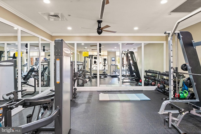 workout area featuring recessed lighting, visible vents, a ceiling fan, and ornamental molding