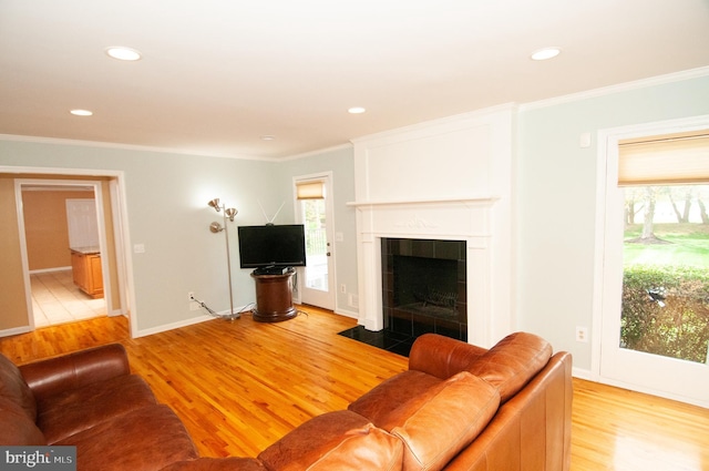 7 Briarwood Dr, Princeton Junction, NJ 08550 - living room featuring crown molding, recessed lighting, light wood-style flooring, and a fireplace