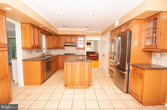 7 Briarwood Dr, Princeton Junction, NJ 08550 - kitchen featuring decorative backsplash, a kitchen island, under cabinet range hood, dark stone countertops, and appliances with stainless steel finishes