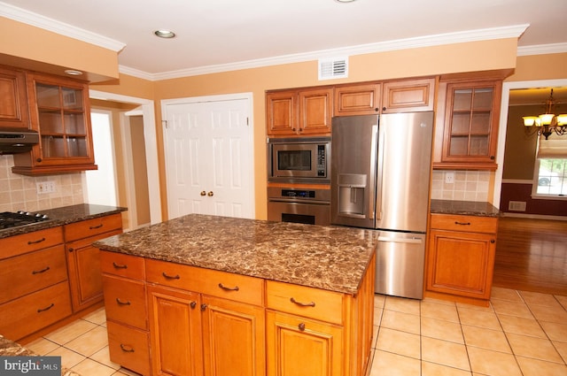 7 Briarwood Dr, Princeton Junction, NJ 08550 - kitchen featuring light tile patterned flooring, appliances with stainless steel finishes, brown cabinetry, visible vents, and ornamental molding