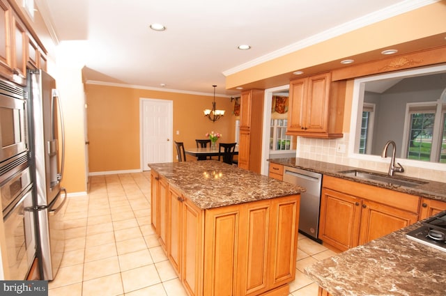7 Briarwood Dr, Princeton Junction, NJ 08550 - kitchen featuring a kitchen island, light tile patterned floors, an inviting chandelier, and a sink