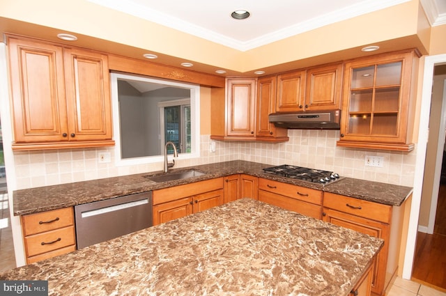 7 Briarwood Dr, Princeton Junction, NJ 08550 - kitchen featuring backsplash, appliances with stainless steel finishes, a sink, dark stone countertops, and under cabinet range hood