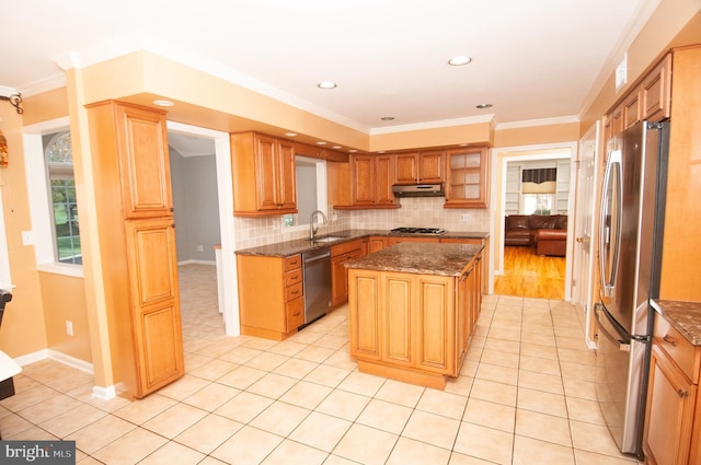 7 Briarwood Dr, Princeton Junction, NJ 08550 - kitchen featuring a kitchen island, under cabinet range hood, a sink, dark stone countertops, and appliances with stainless steel finishes