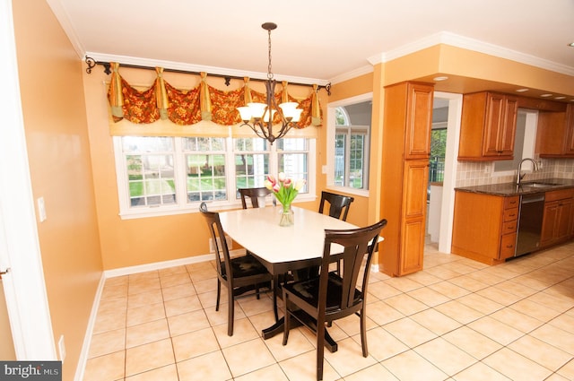 7 Briarwood Dr, Princeton Junction, NJ 08550 - dining room featuring crown molding, baseboards, light tile patterned flooring, and a chandelier