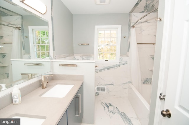 7 Briarwood Dr, Princeton Junction, NJ 08550 - bathroom featuring double vanity, a marble finish shower, a sink, and a wealth of natural light