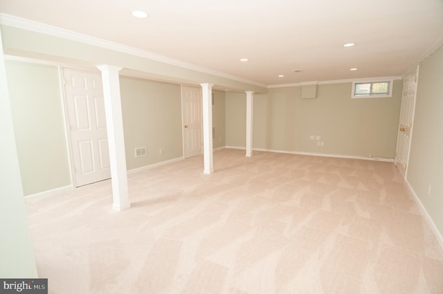 7 Briarwood Dr, Princeton Junction, NJ 08550 - basement featuring visible vents, baseboards, ornamental molding, light carpet, and recessed lighting