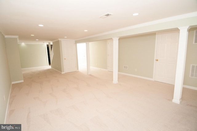 7 Briarwood Dr, Princeton Junction, NJ 08550 - finished below grade area with ornamental molding, light carpet, and visible vents