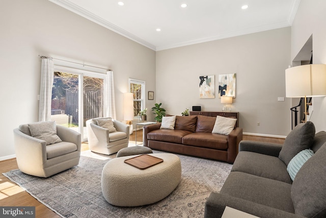 living room featuring crown molding, stairs, wood finished floors, baseboards, and recessed lighting
