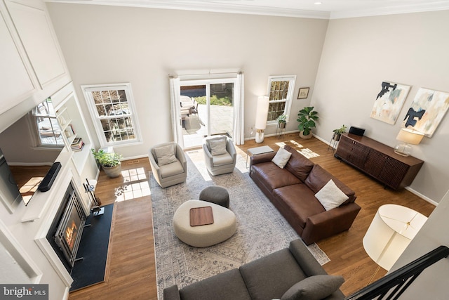 living area with crown molding, a towering ceiling, wood finished floors, and a warm lit fireplace