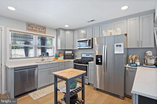 kitchen featuring a sink, light countertops, stainless steel appliances, light wood-type flooring, and gray cabinetry