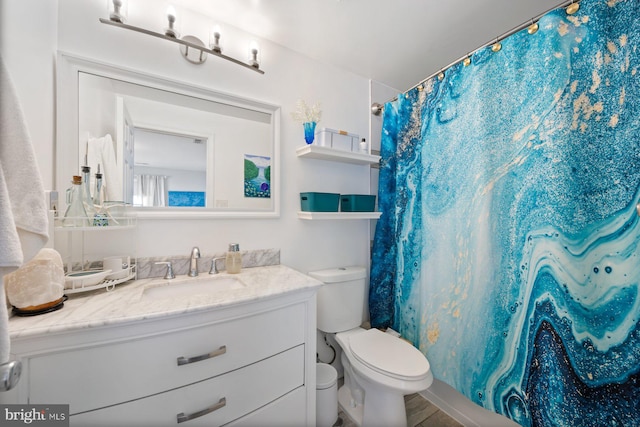 bathroom featuring toilet, curtained shower, and vanity