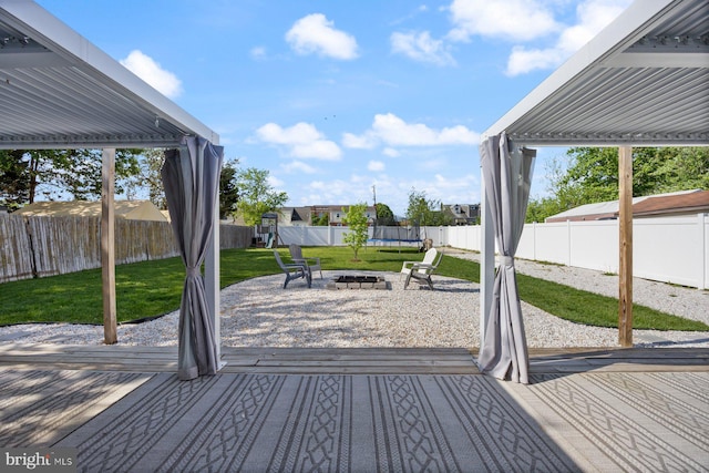 wooden terrace with a fenced backyard, an outdoor fire pit, and a yard