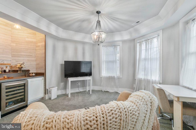 9136 Cowenton Ave, Perry Hall, MD 21128 - living room with beverage cooler, wooden walls, bar, carpet floors, and a chandelier