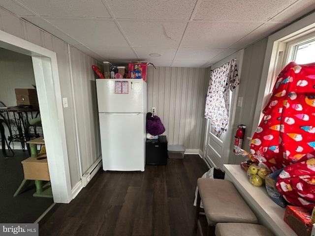 919 S Queen St, York, PA 17403 - kitchen with a paneled ceiling, a baseboard heating unit, freestanding refrigerator, and dark wood-style floors