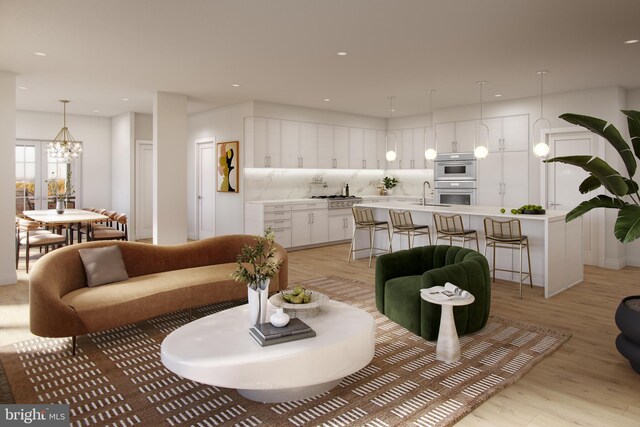 811 N Columbus St Unit 207, Alexandria, VA 22314 - living area featuring light wood-style flooring, a notable chandelier, and recessed lighting