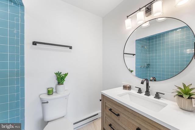 615 Salt Spray Rd Unit 3E, Ocean City, MD 21842 - bathroom featuring vanity, a baseboard heating unit, a tile shower, and toilet