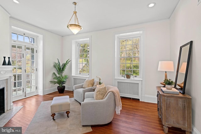 living area featuring a premium fireplace, radiator, baseboards, and hardwood / wood-style flooring