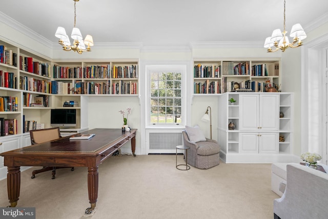 carpeted home office with crown molding and an inviting chandelier