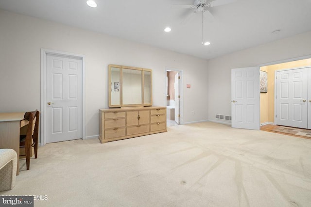 bedroom with light carpet, baseboards, visible vents, and recessed lighting