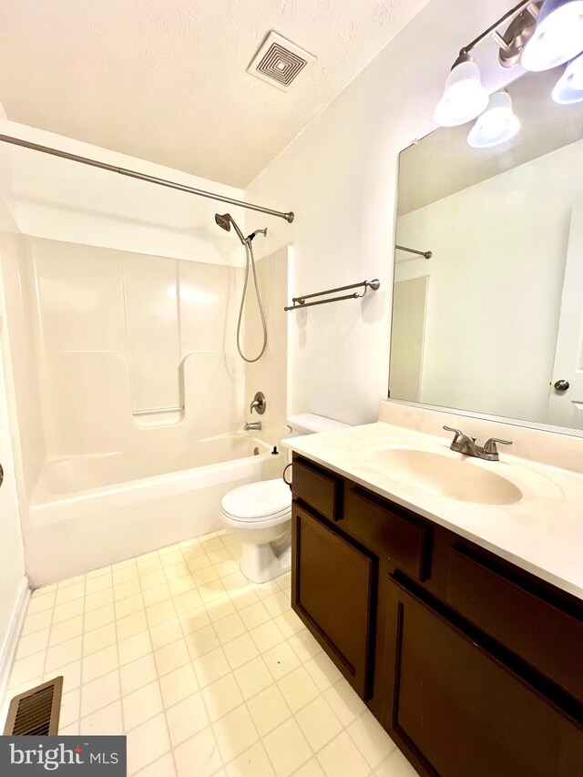 full bath with toilet, vanity, shower / bathing tub combination, and visible vents