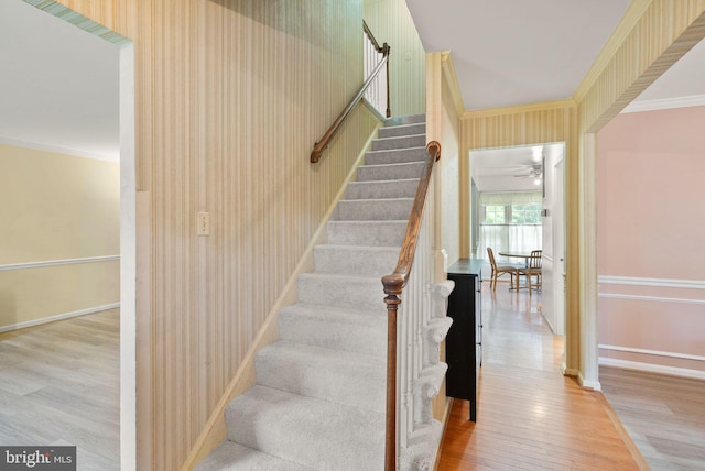 stairway with wood finished floors, ornamental molding, a ceiling fan, and baseboards