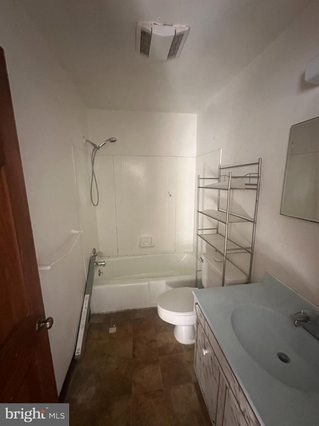 bathroom featuring visible vents, toilet, vanity, and  shower combination