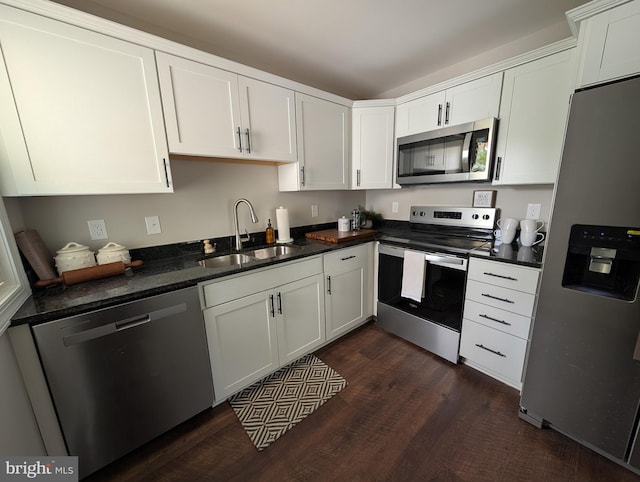kitchen featuring stainless steel appliances, a sink, dark wood-type flooring, and white cabinetry