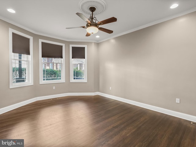 13 N Allegany St, Cumberland, MD 21502 - spare room featuring ceiling fan, dark wood-style flooring, ornamental molding, baseboards, and recessed lighting