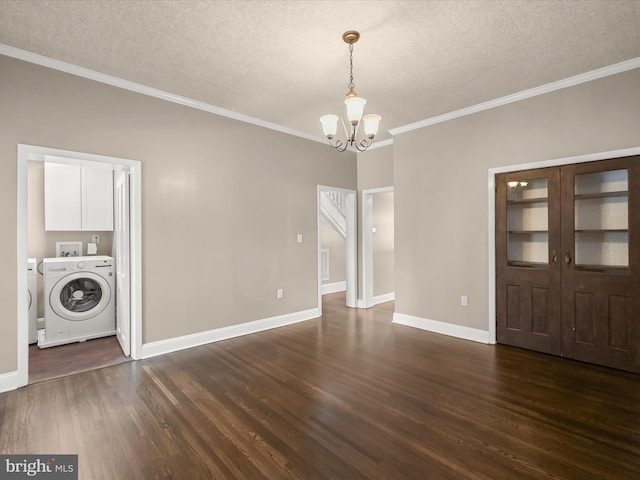 13 N Allegany St, Cumberland, MD 21502 - unfurnished dining area featuring a chandelier, a textured ceiling, dark wood-style floors, crown molding, and washer and dryer