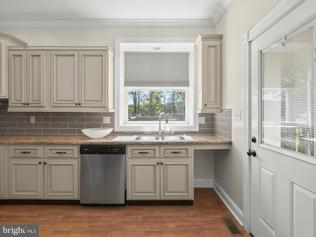 13 N Allegany St, Cumberland, MD 21502 - kitchen featuring stainless steel dishwasher, a sink, cream cabinetry, and ornamental molding
