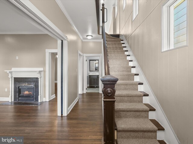 13 N Allegany St, Cumberland, MD 21502 - staircase featuring wood finished floors, crown molding, a lit fireplace, and baseboards