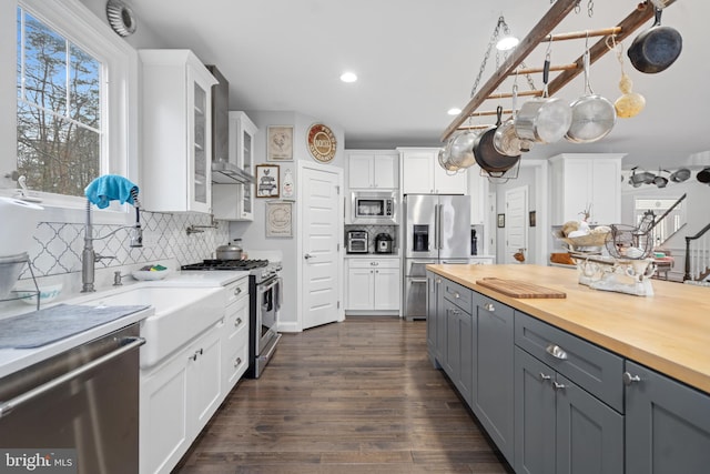 173 Puffball Rd, Hedgesville, WV 25427 - kitchen with gray cabinets, recessed lighting, white cabinets, butcher block counters, and appliances with stainless steel finishes