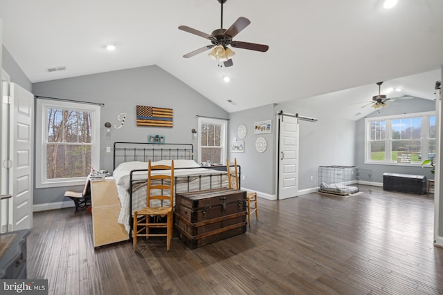 173 Puffball Rd, Hedgesville, WV 25427 - bedroom with visible vents, baseboards, a barn door, and vaulted ceiling