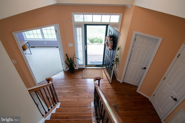 12253 Tulane Falls Dr, Bristow, VA 20136 - foyer entrance featuring wood finished floors, lofted ceiling, and baseboards