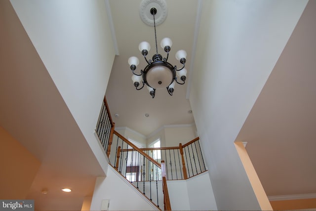12253 Tulane Falls Dr, Bristow, VA 20136 - interior space with a high ceiling, recessed lighting, a chandelier, and crown molding