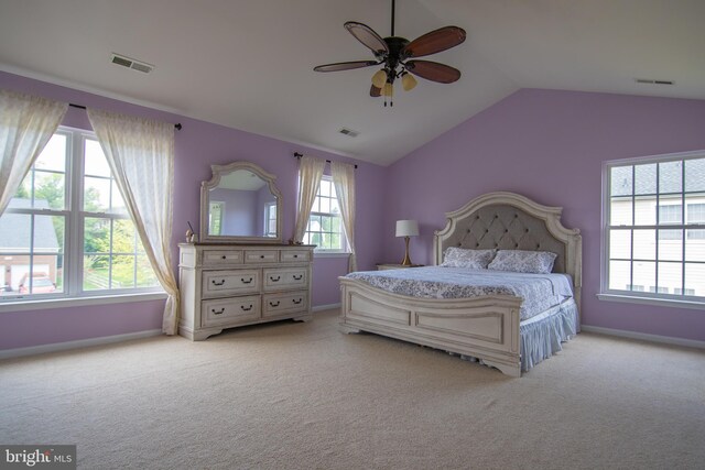 12253 Tulane Falls Dr, Bristow, VA 20136 - bedroom with lofted ceiling, visible vents, and light carpet