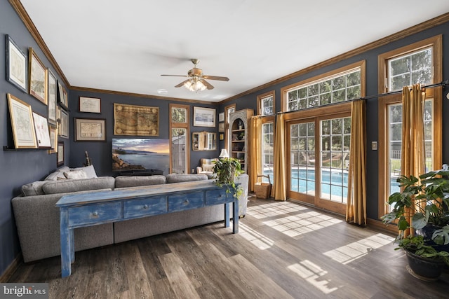 interior space with ornamental molding, a ceiling fan, and wood finished floors