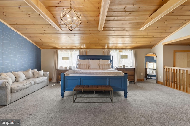 bedroom featuring a chandelier, vaulted ceiling with beams, light colored carpet, and wooden ceiling