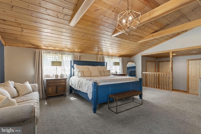 bedroom with arched walkways, wooden ceiling, carpet flooring, vaulted ceiling with beams, and a notable chandelier