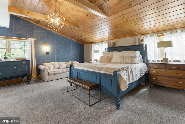 bedroom with wooden ceiling, a notable chandelier, and vaulted ceiling with beams