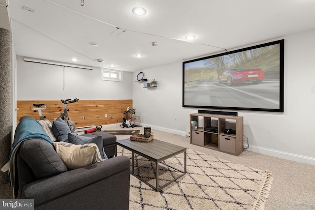 home theater room featuring carpet flooring, baseboards, and recessed lighting