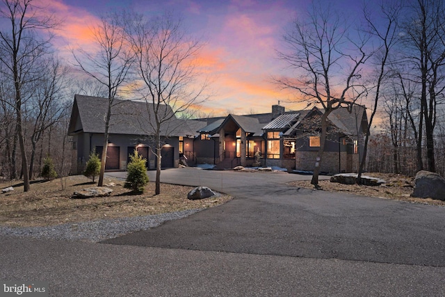 422 Mountaintop Rd, Mc Henry, MD 21541 - view of front of house featuring asphalt driveway, an attached garage, a chimney, a standing seam roof, and metal roof
