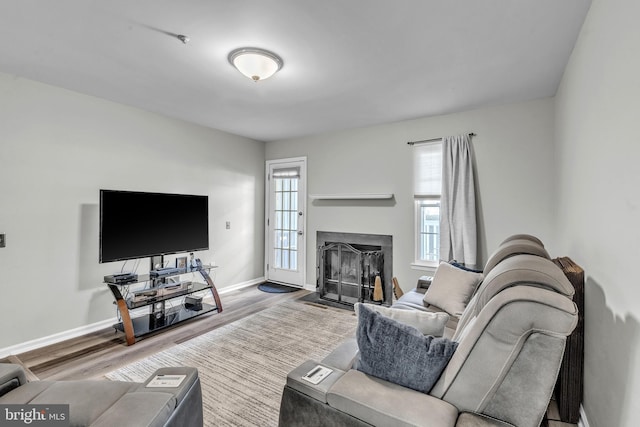 living room with baseboards, wood finished floors, and a fireplace with flush hearth