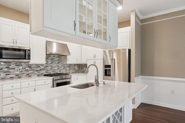 kitchen with a sink, white cabinets, appliances with stainless steel finishes, backsplash, and under cabinet range hood